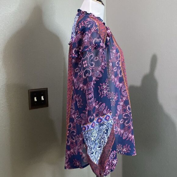 Knox Rose Sheer Ruffle Long Sleeve Blue Pink Boho Blouse - Picture 7 of 12